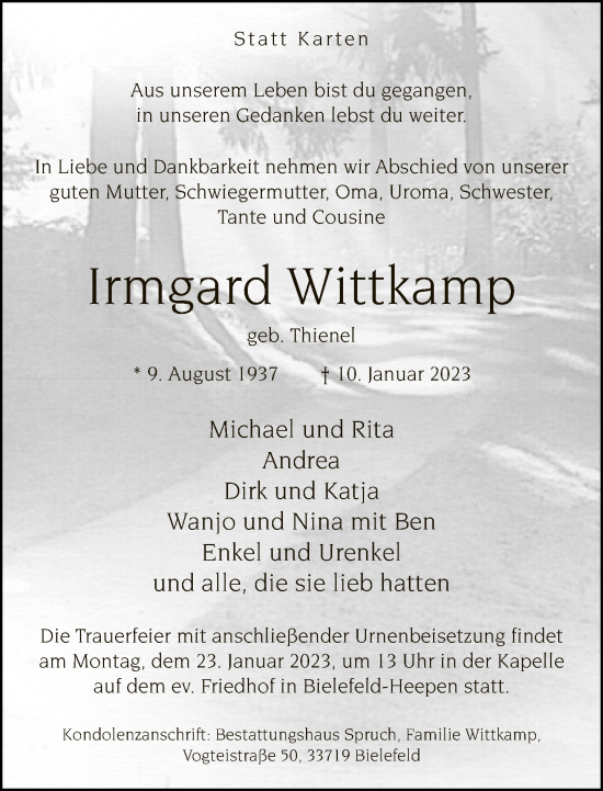 Traueranzeige von Irmgard Wittkamp von Neue Westfälische
