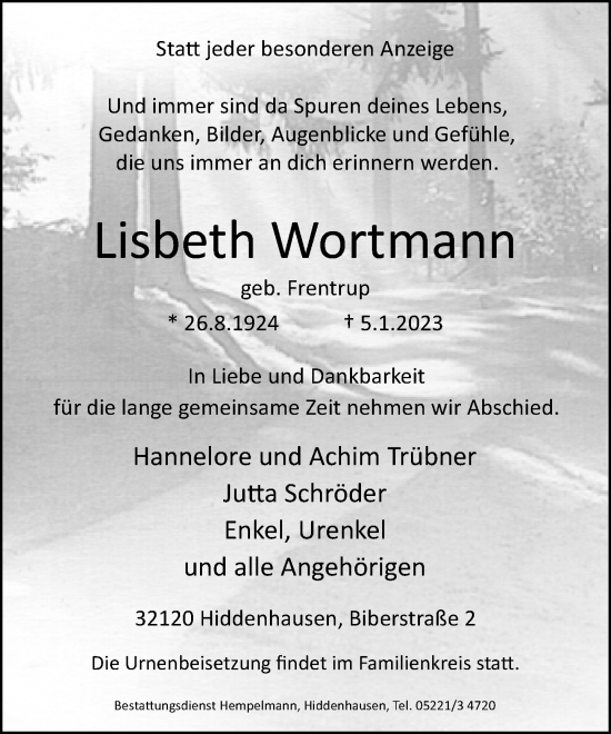 Traueranzeige von Lisbeth Wortmann