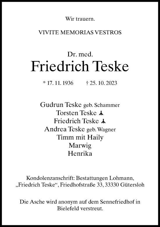 Traueranzeige von Friedrich Teske