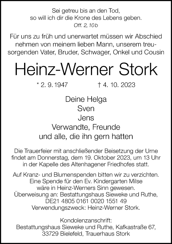 Traueranzeige von Heinz-Werner Stork