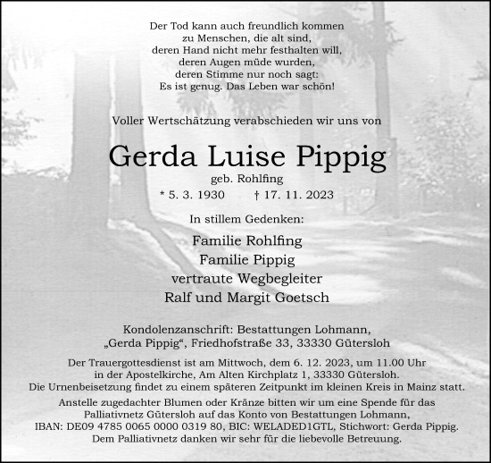 Traueranzeige von Gerda Luise Pippig
