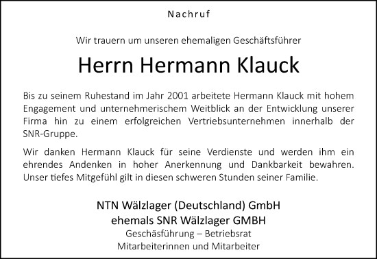 Traueranzeige von Hermann Klauck von Neue Westfälische