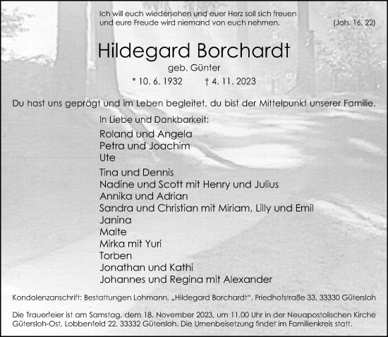 Traueranzeige von Hildegard Borchardt