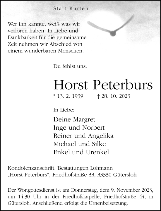 Traueranzeige von Horst Peterburs