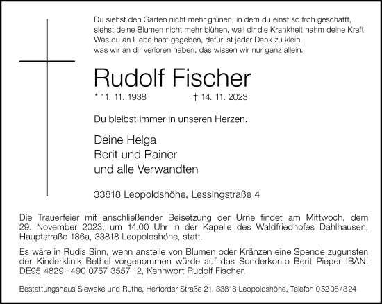 Traueranzeige von Rudolf Fischer