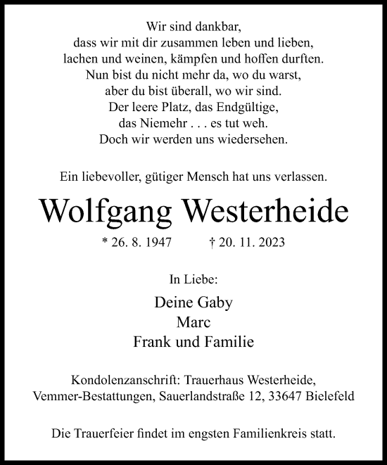 Traueranzeige von Wolfgang Westerheide