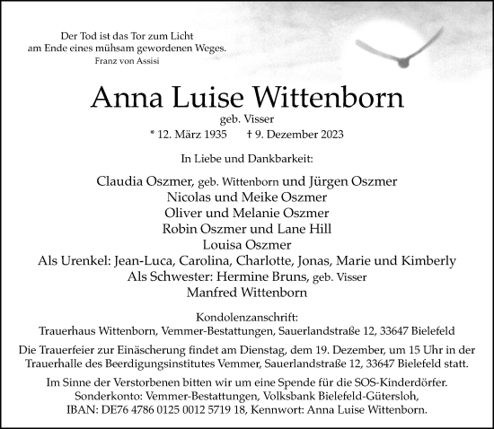 Traueranzeige von Anna Luise Wittenborn