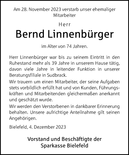 Traueranzeige von Bernd Linnenbürger