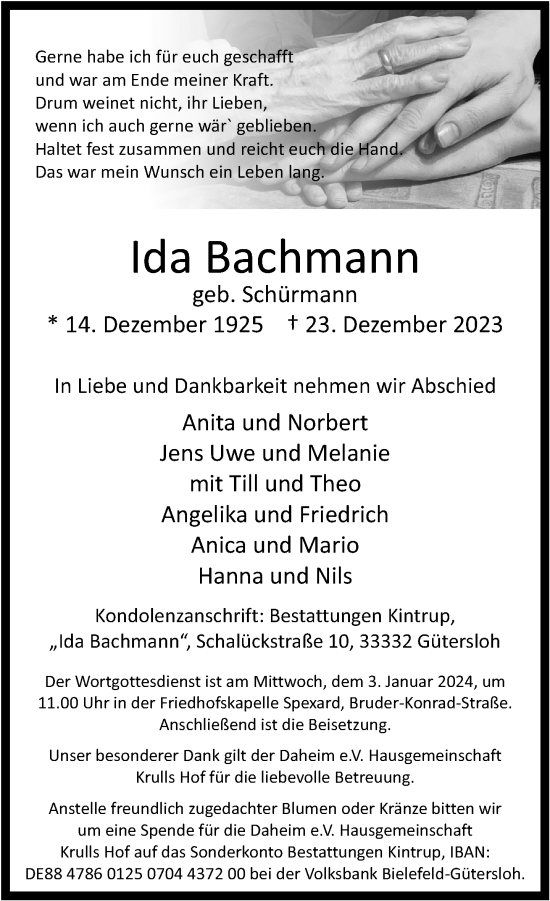 Traueranzeige von Ida Bachmann von Neue Westfälische