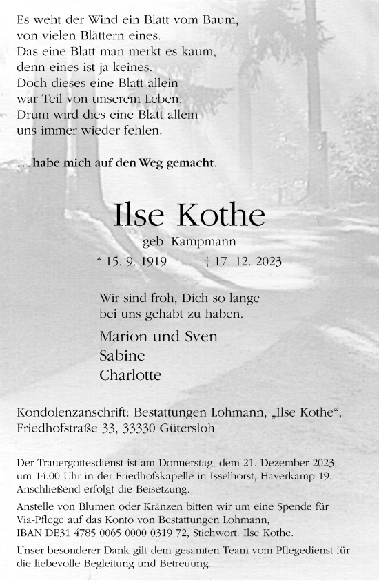 Traueranzeige von Ilse Kothe