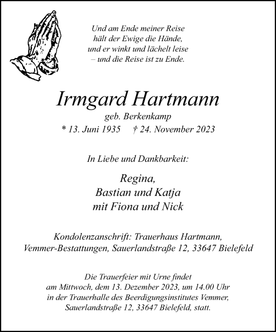 Traueranzeige von Irmgard Hartmann
