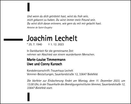 Traueranzeige von Joachim Lechelt