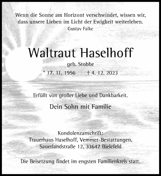 Traueranzeige von Waltraut Haselhoff