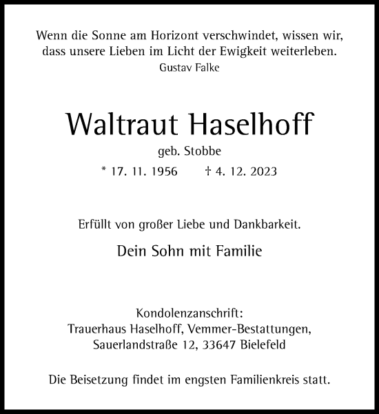 Traueranzeige von Waltraut Haselhoff