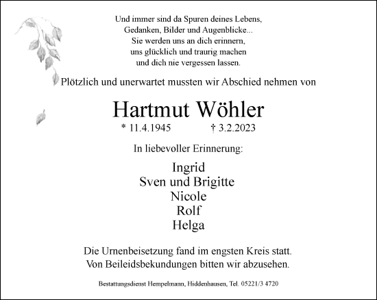 Traueranzeige von Hartmut Wöhler