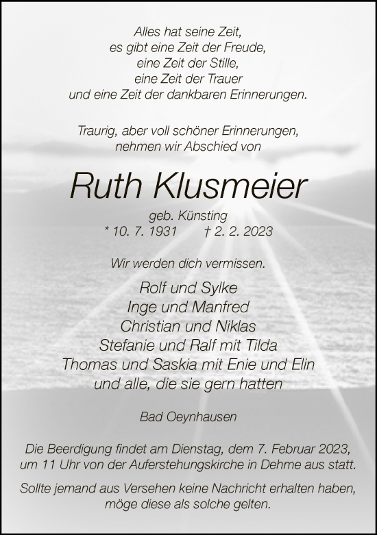 Traueranzeige von Ruth Klusmeier