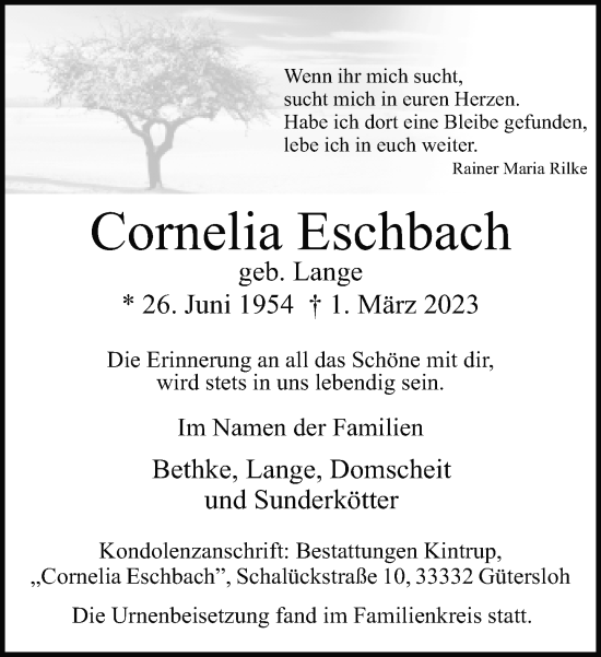 Traueranzeige von Cornelia Eschbach