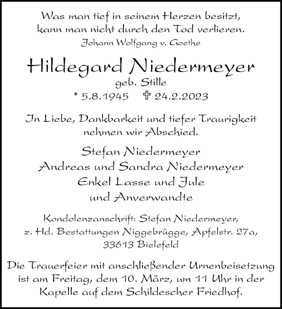 Traueranzeige von Hildegard Niedermeyer