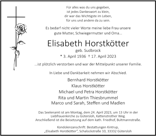 Traueranzeige von Elisabeth Horstkötter