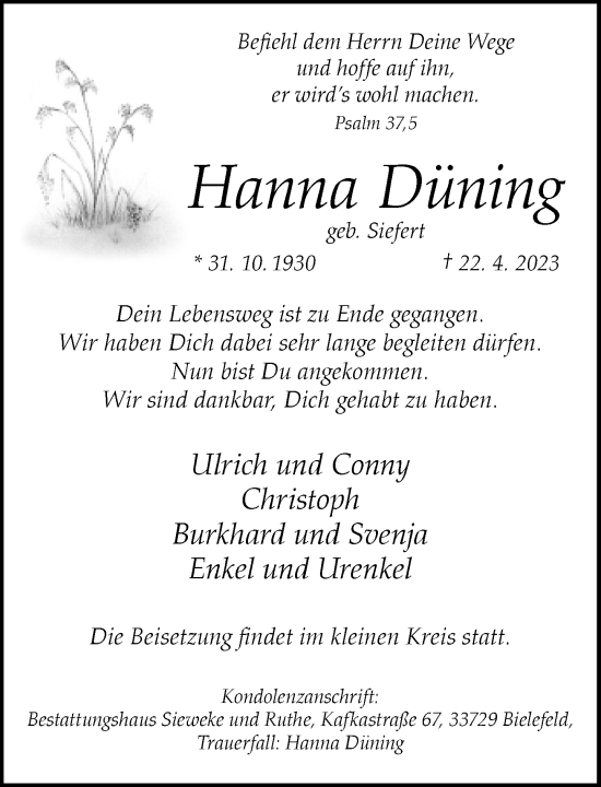 Traueranzeige von Hanna Düning