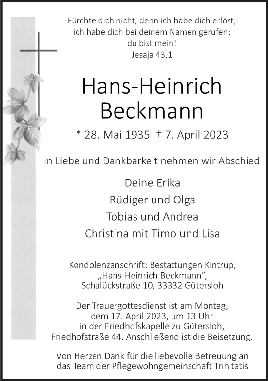 Traueranzeige von Hans-Heinrich Beckmann