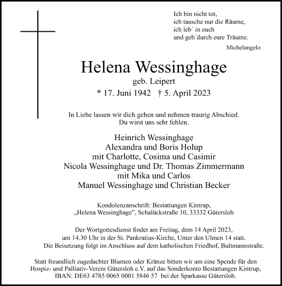 Traueranzeige von Helena Wessinghage