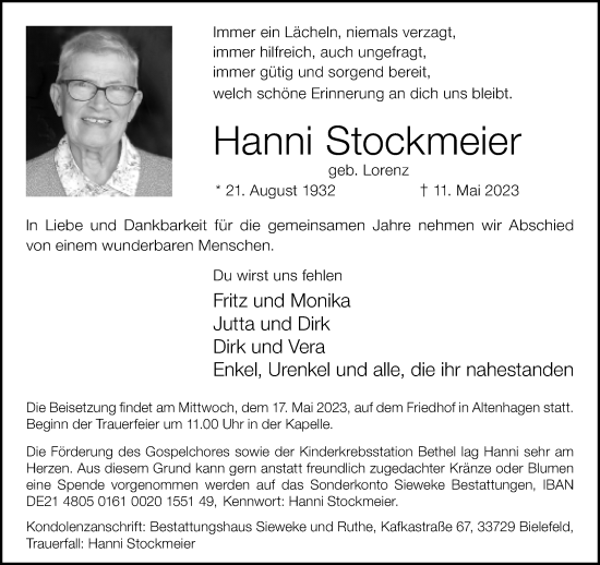Traueranzeige von Hanni Stockmeier