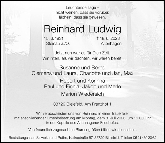 Traueranzeige von Reinhard Ludwig