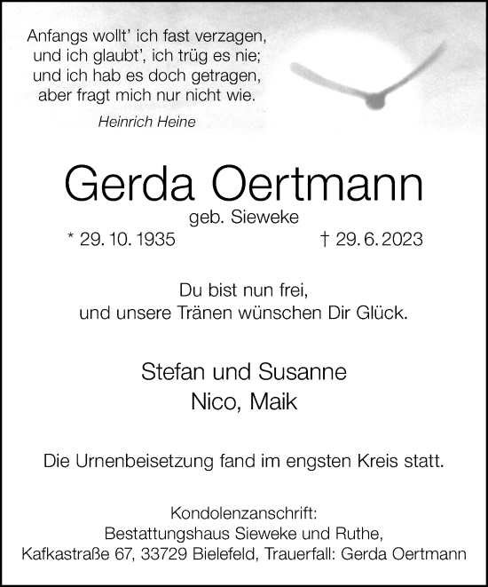 Traueranzeige von Gerda Oertmann