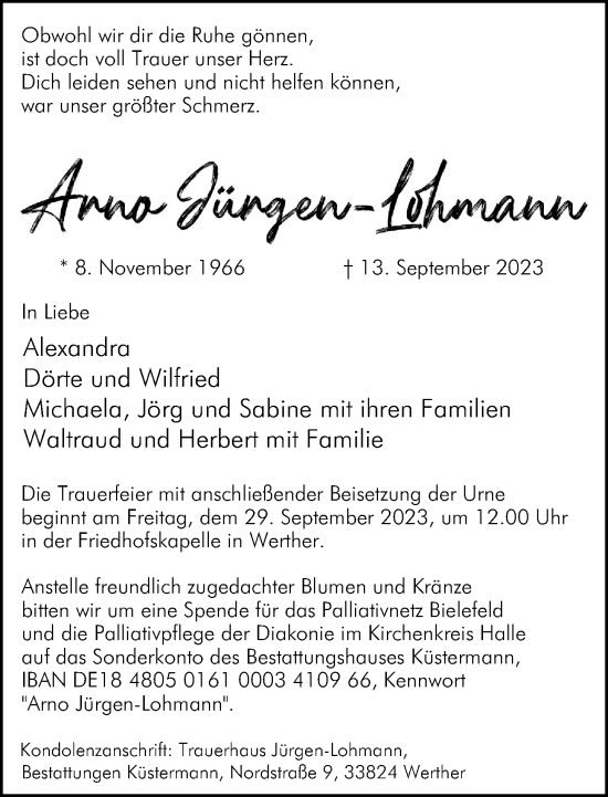Traueranzeige von Arno Jürgen-Lohmann