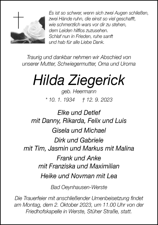 Traueranzeige von Hilda Ziegerick