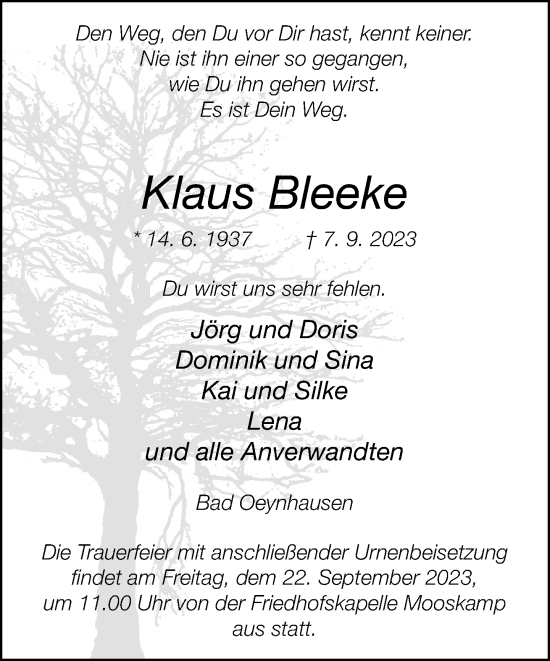 Traueranzeige von Klaus Bleeke