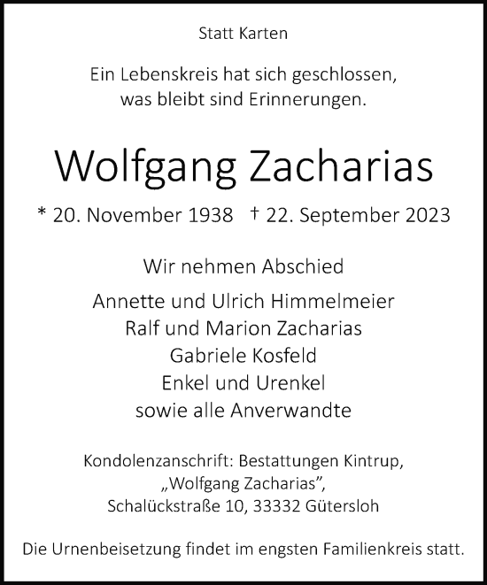 Traueranzeige von Wolfgang Zacharias