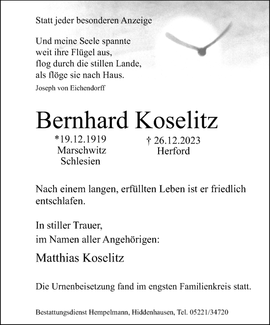 Traueranzeige von Bernhard Koselitz