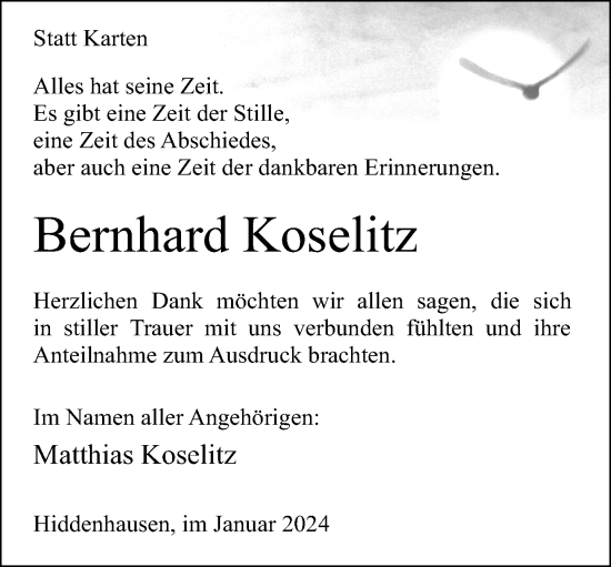 Traueranzeige von Bernhard Koselitz