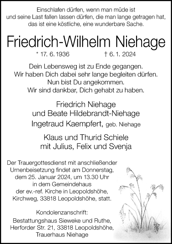 Traueranzeige von Friedrich-Wilhelm Niehage von Neue Westfälische