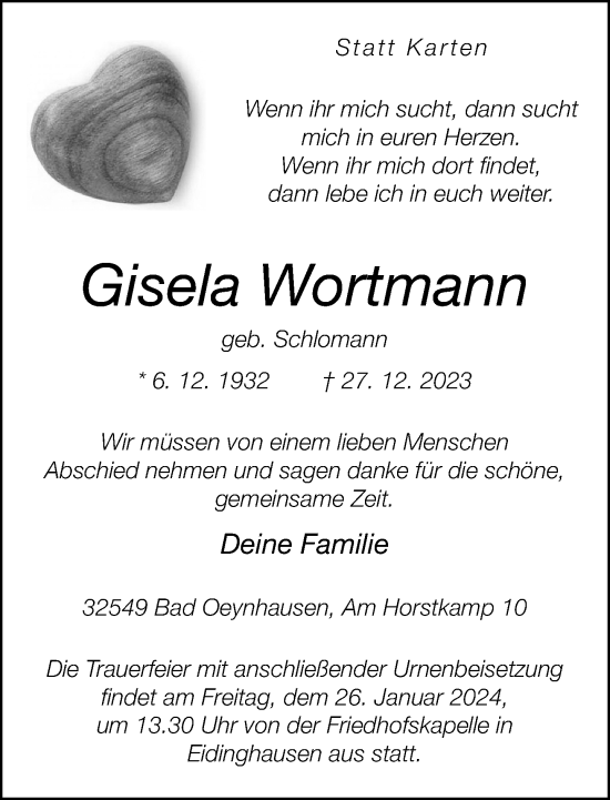 Traueranzeige von Gisela Wortmann