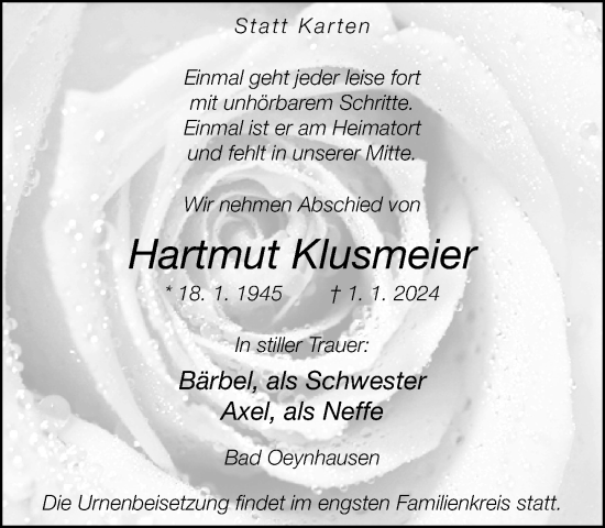 Traueranzeige von Hartmut Klusmeier