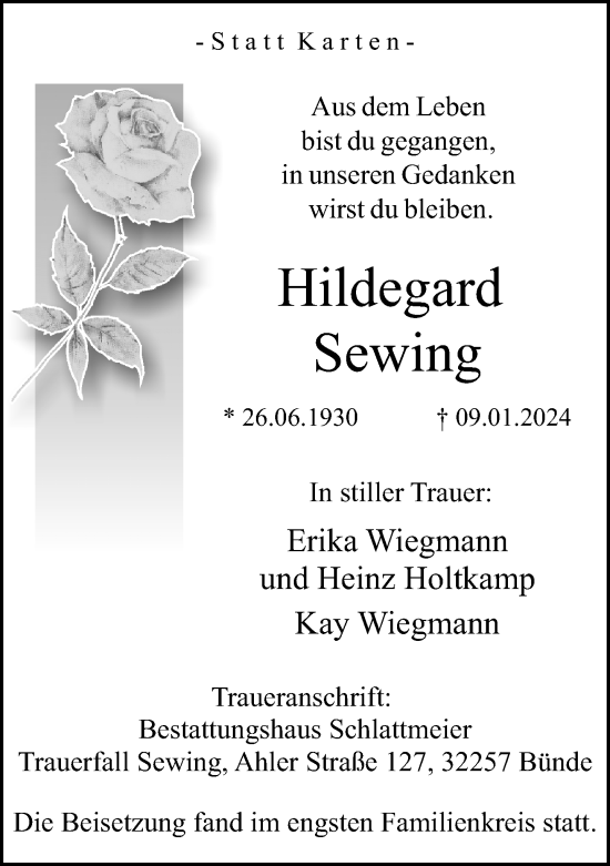 Traueranzeige von Hildegard Sewing von Neue Westfälische