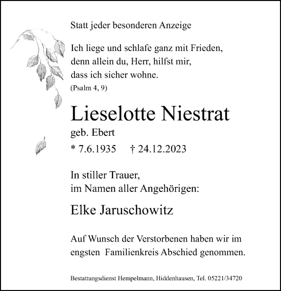 Traueranzeige von Lieselotte Niestrat von Neue Westfälische