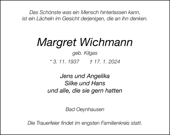 Traueranzeige von Margret Wichmann