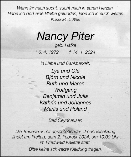 Traueranzeige von Nancy Piter von Neue Westfälische