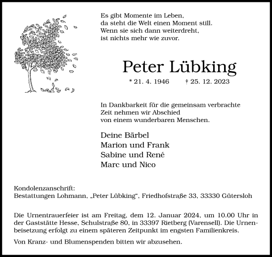 Traueranzeige von Peter Lübking