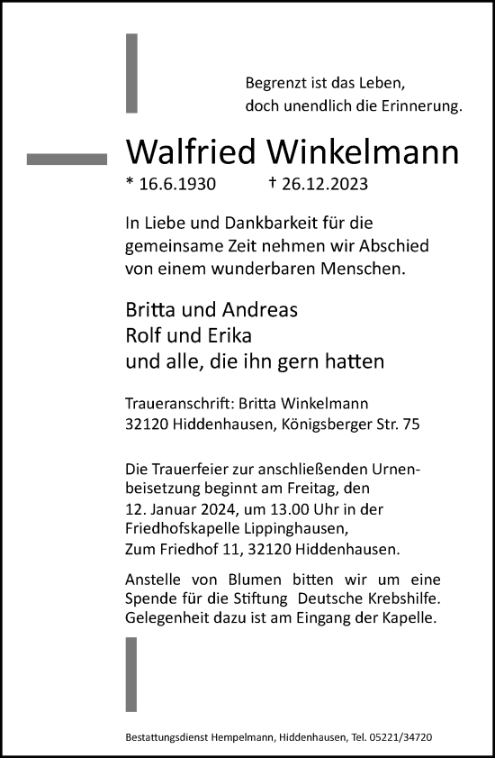 Traueranzeige von Walfried Winkelmann