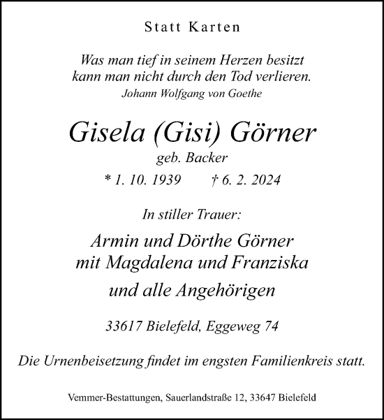 Traueranzeige von Gisela Görner