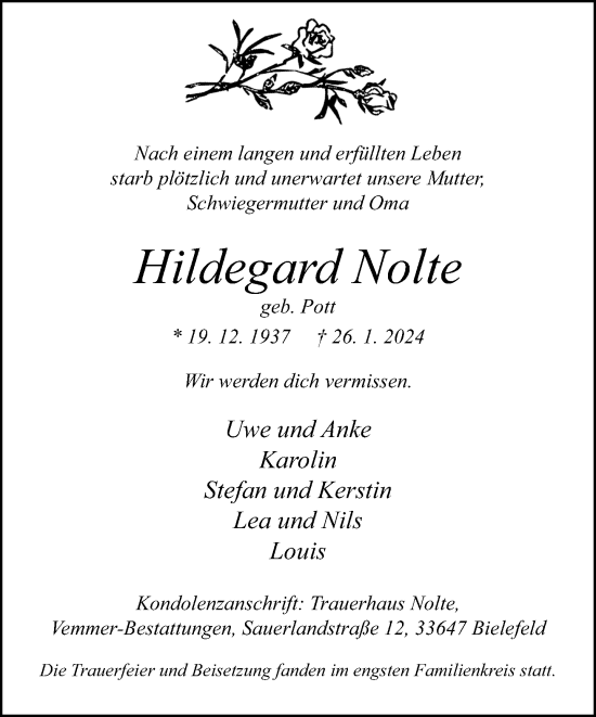 Traueranzeige von Hildegard Nolte