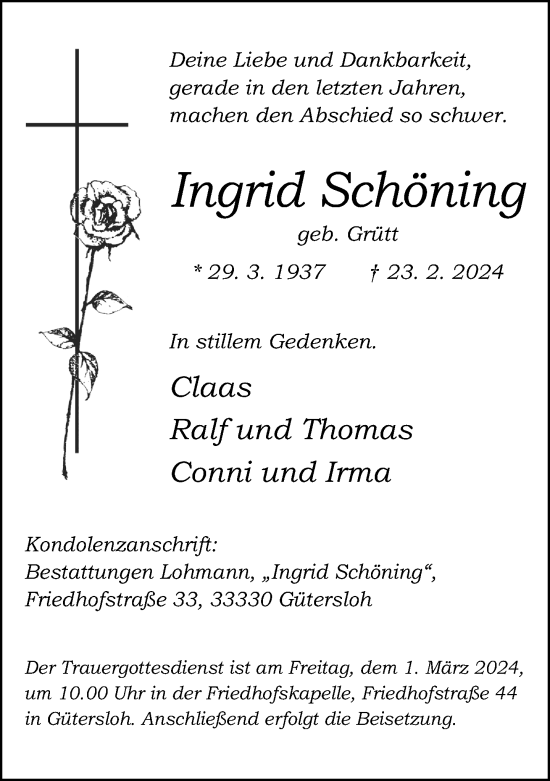 Traueranzeige von Ingrid Schöning
