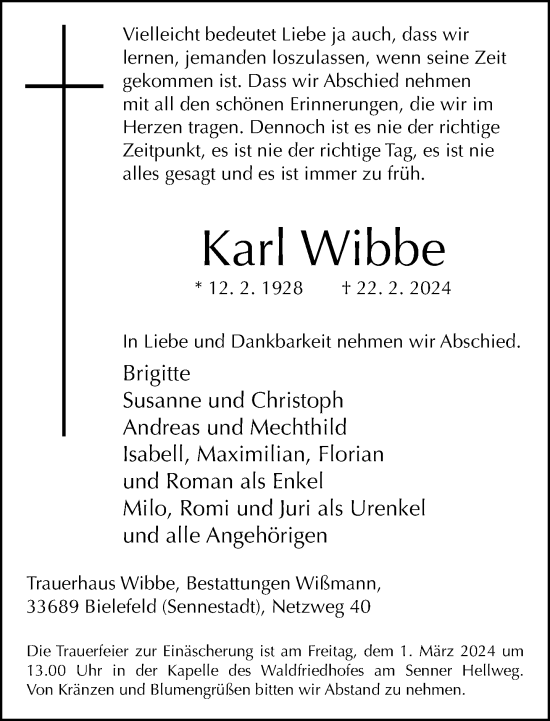 Traueranzeige von Karl Wibbe von Neue Westfälische