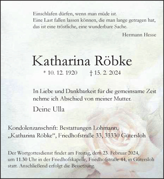 Traueranzeige von Katharina Röbke