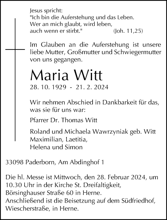 Traueranzeige von Maria Witt von Neue Westfälische